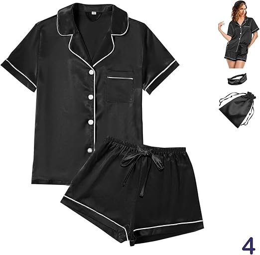 Women's 4-piece satin silky pajama set in black