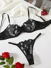 Floral Embroidery Lingerie Set | Satin & Lace Sexy Lingerie for Women - MDCURVE