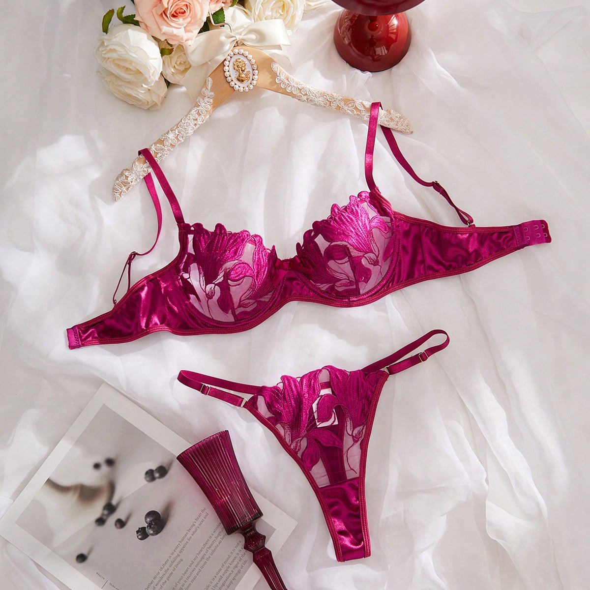 Floral Embroidery Lingerie Set | Satin & Lace Sexy Lingerie for Women - MDCURVE