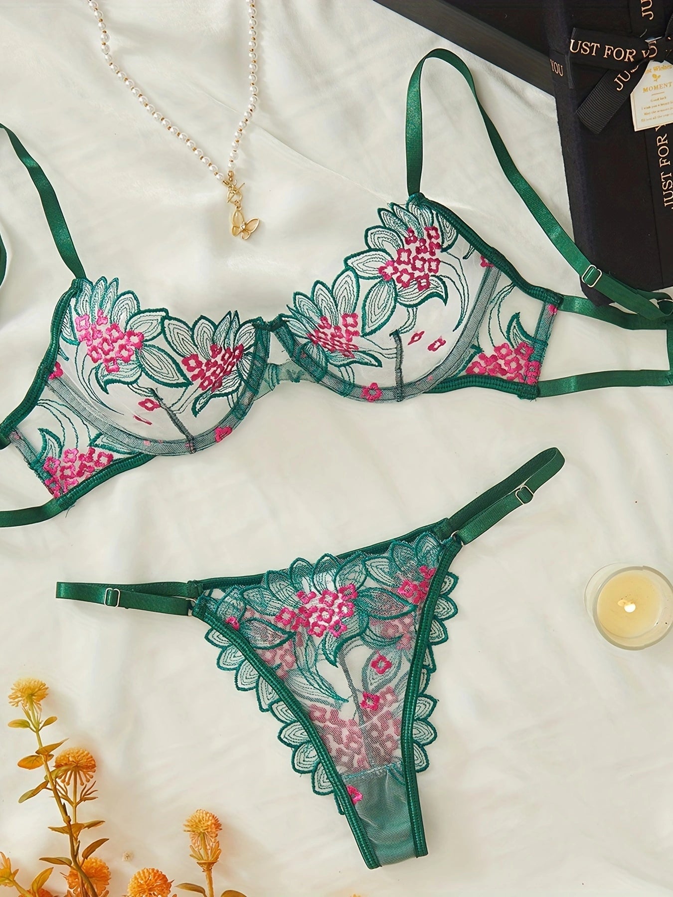 Floral Embroidery Lingerie Set | Sexy Green Mesh 2 - Piece for Women - MDCURVE