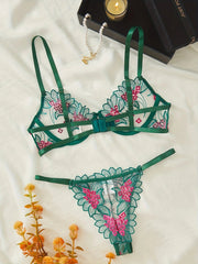 Floral Embroidery Lingerie Set | Sexy Green Mesh 2 - Piece for Women - MDCURVE