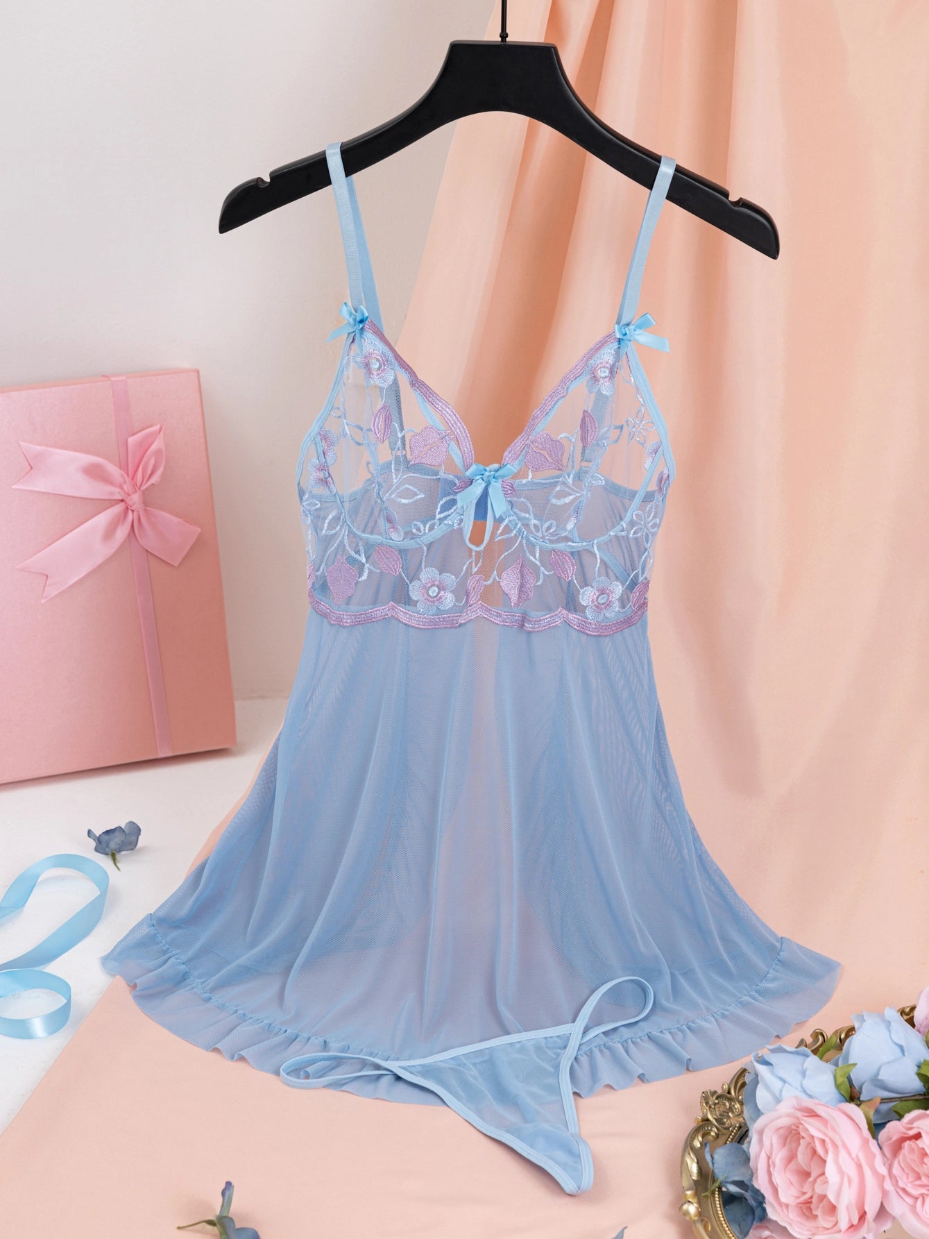 Floral Embroidery Mesh Night Dress with Deep V Split - MDCURVE