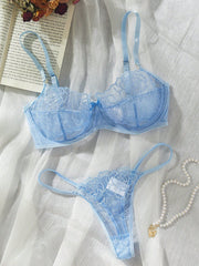 Floral Lace Underwire Lingerie Set | Sexy Embroidered Bra and V - String Panty - MDCURVE