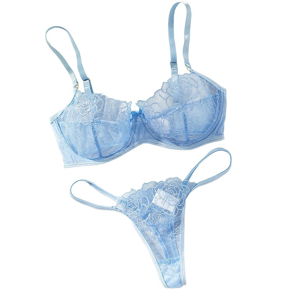 Floral Lace Underwire Lingerie Set | Sexy Embroidered Bra and V - String Panty - MDCURVE