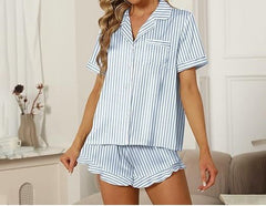 Satin Silk Pajamas for Women 2Pcs Ruffle Notch Collar Sleepwear Button Down Short Sleeve Shorts Pjs Set Loungewear - MDCURVE