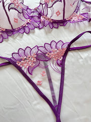 Sheer Floral Lace Lingerie Set | Embroidered Mesh Bra and Thong for Women - MDCURVE