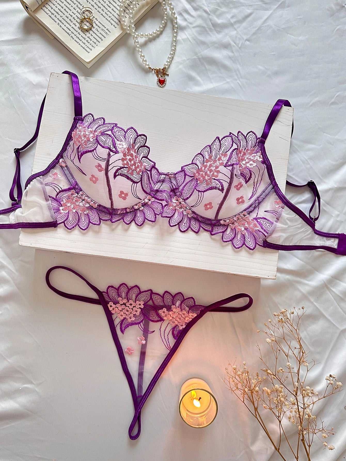 Sheer Floral Lace Lingerie Set | Embroidered Mesh Bra and Thong for Women - MDCURVE