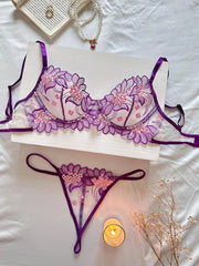 Sheer Floral Lace Lingerie Set | Embroidered Mesh Bra and Thong for Women - MDCURVE