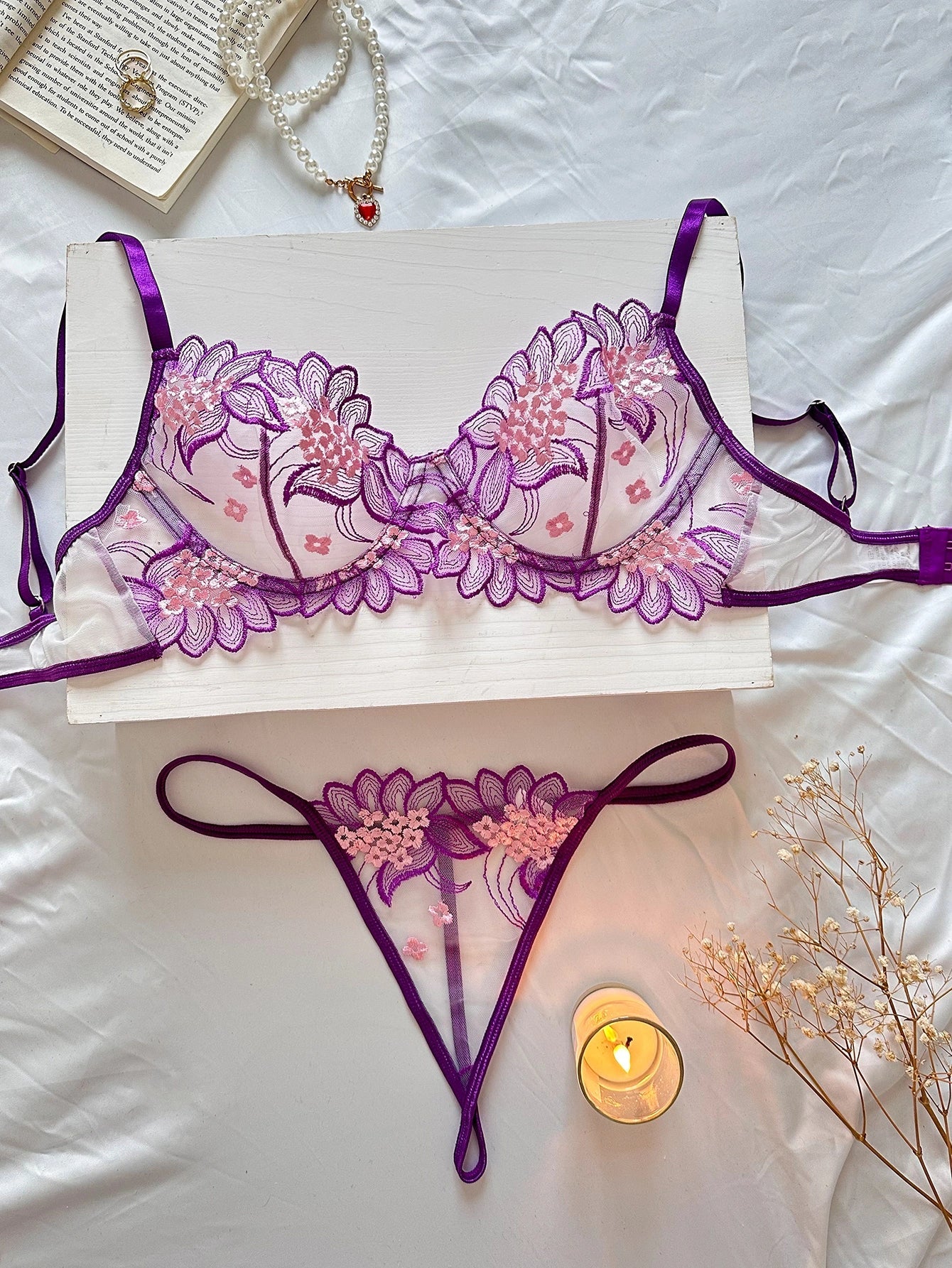 Sheer Floral Lace Lingerie Set | Embroidered Mesh Bra and Thong for Women - MDCURVE
