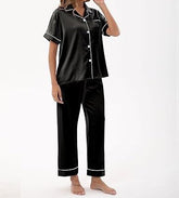 Women’s 2 Piece Silk Satin Pajama Set Short Sleeve Button Down PJs - MDCURVE