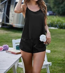 Women's Satin Silk Pajama Set Backless Cami Top and Shorts Nightwear - MDCURVE