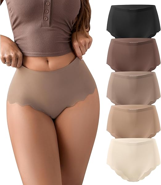Woman wearing beige underwear with color swatches below on a white background