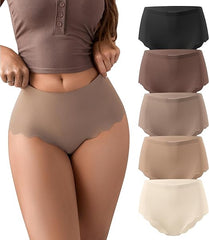 Woman wearing beige underwear with color swatches below on a white background