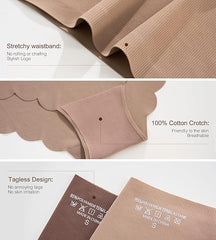Close-up of beige underwear with stretchy waistband, 100% cotton crotch, tagless design, and fabric composition labels.
