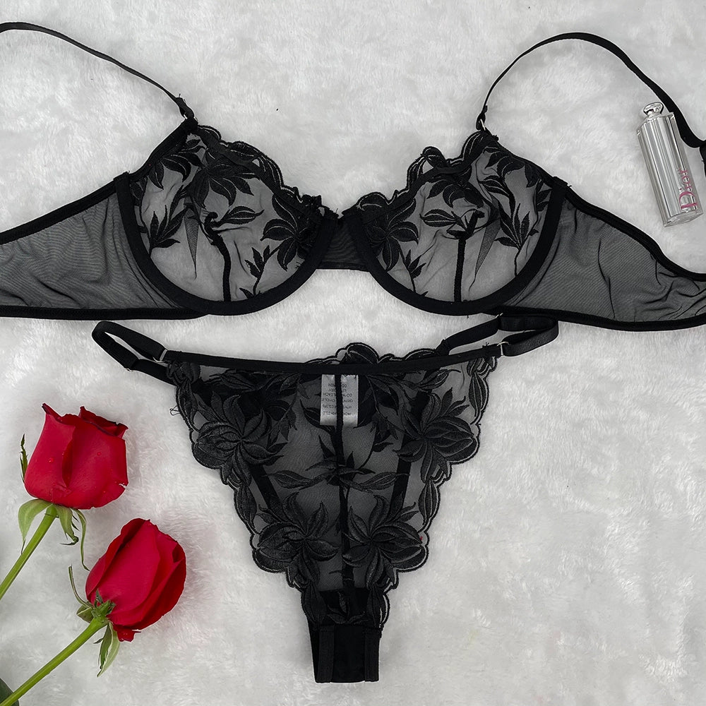 Embroidered Lingerie Set | Sexy Underwear | Black & White Lace Set - MDCURVE