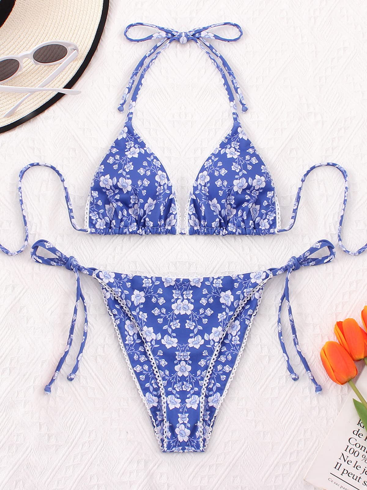 Floral Bikini Swimsuit | Two Piece Tie Side Triangle Thong | Padded Top Bathing Suit - MDCURVE