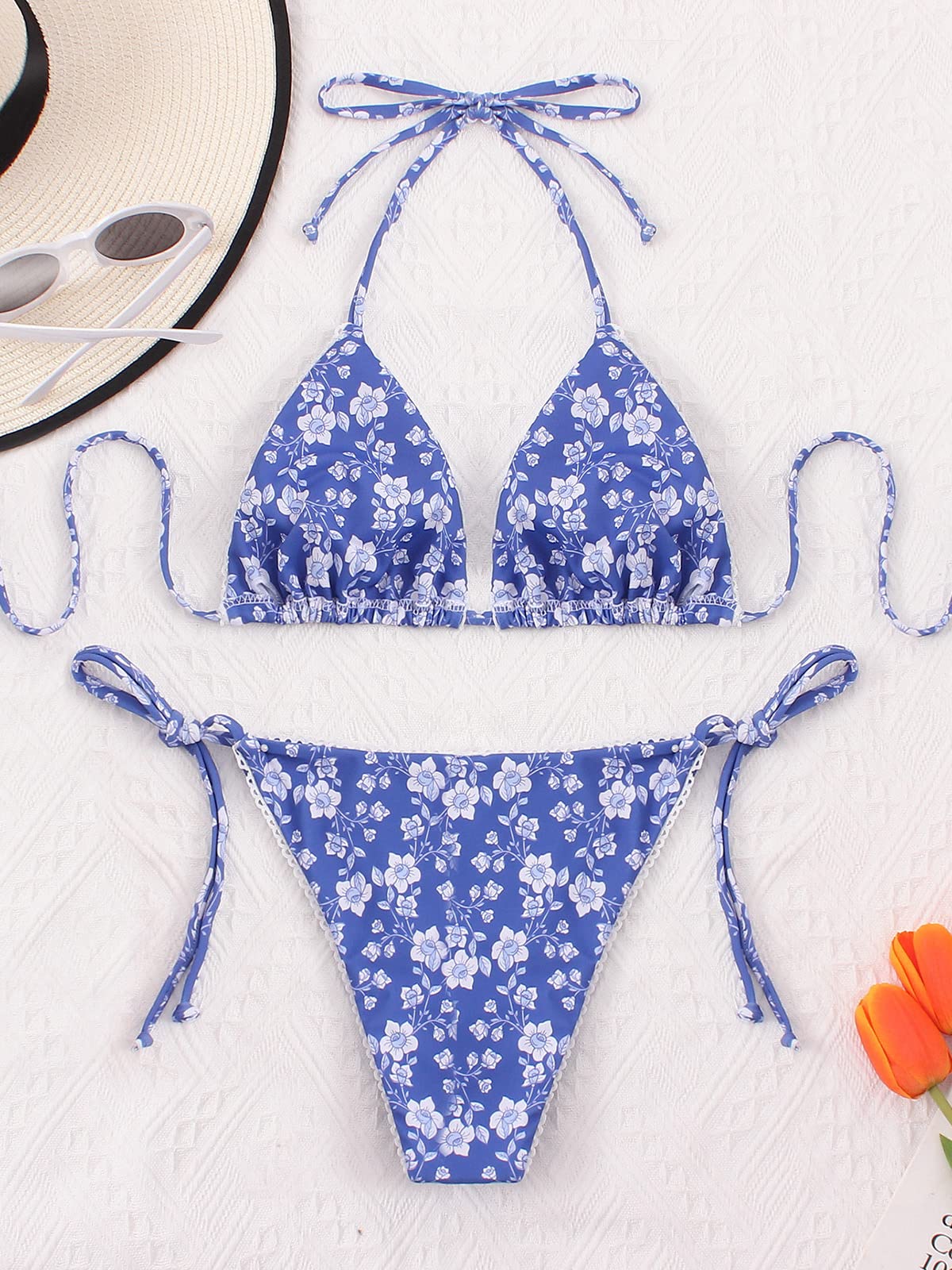 Floral Bikini Swimsuit | Two Piece Tie Side Triangle Thong | Padded Top Bathing Suit - MDCURVE