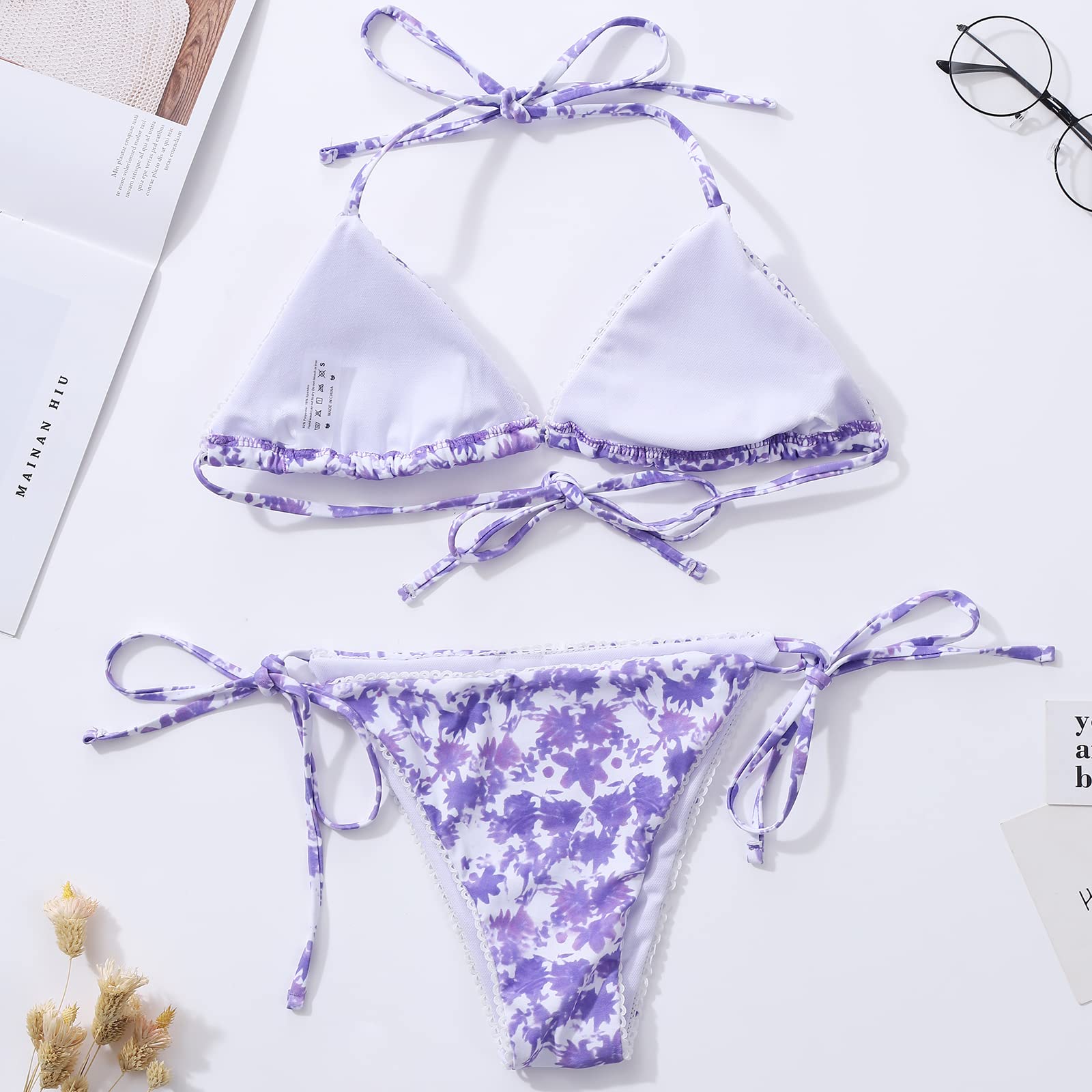 Floral Bikini Swimsuit | Two Piece Tie Side Triangle Thong | Padded Top Bathing Suit - MDCURVE