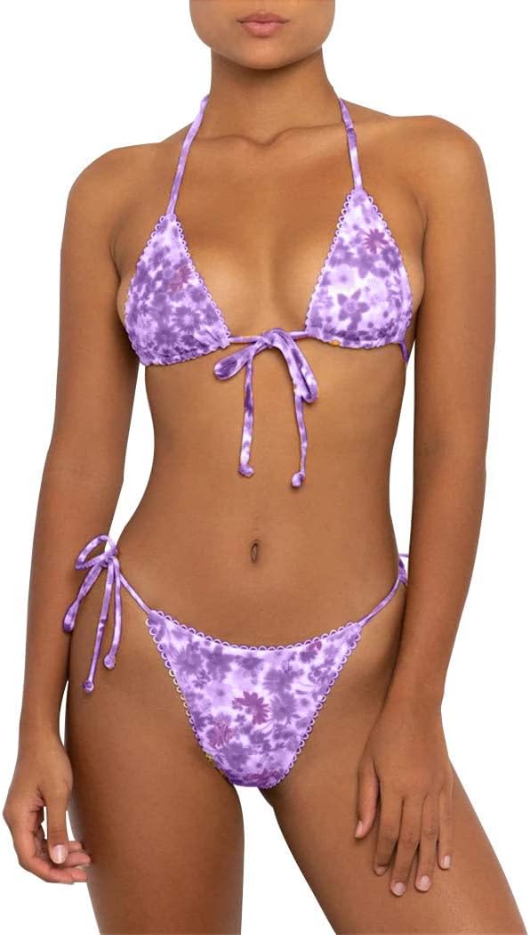 Floral Bikini Swimsuit | Two Piece Tie Side Triangle Thong | Padded Top Bathing Suit - MDCURVE