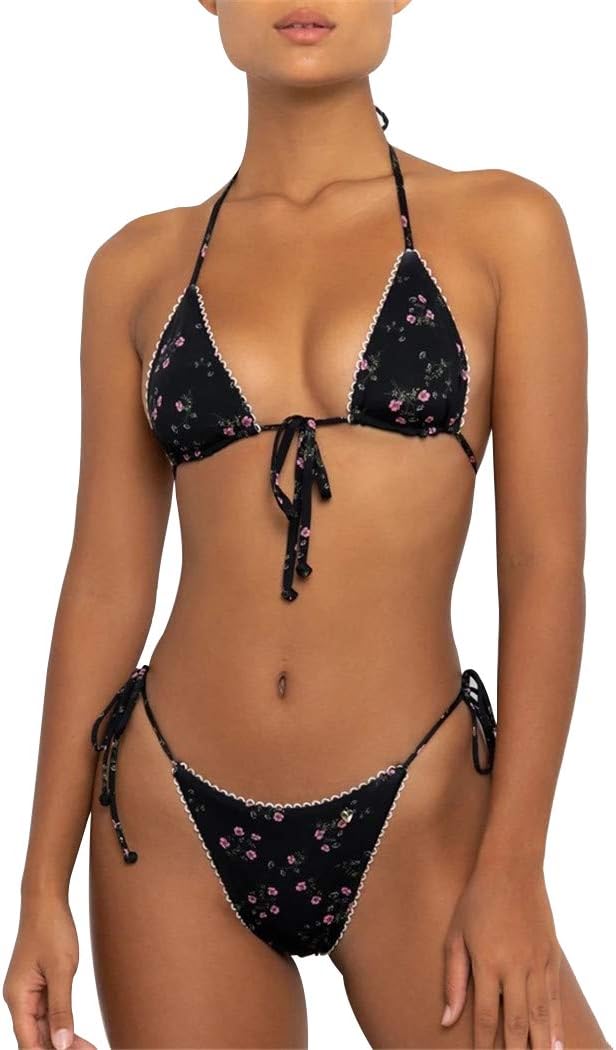 Floral Bikini Swimsuit | Two Piece Tie Side Triangle Thong | Padded Top Bathing Suit - MDCURVE