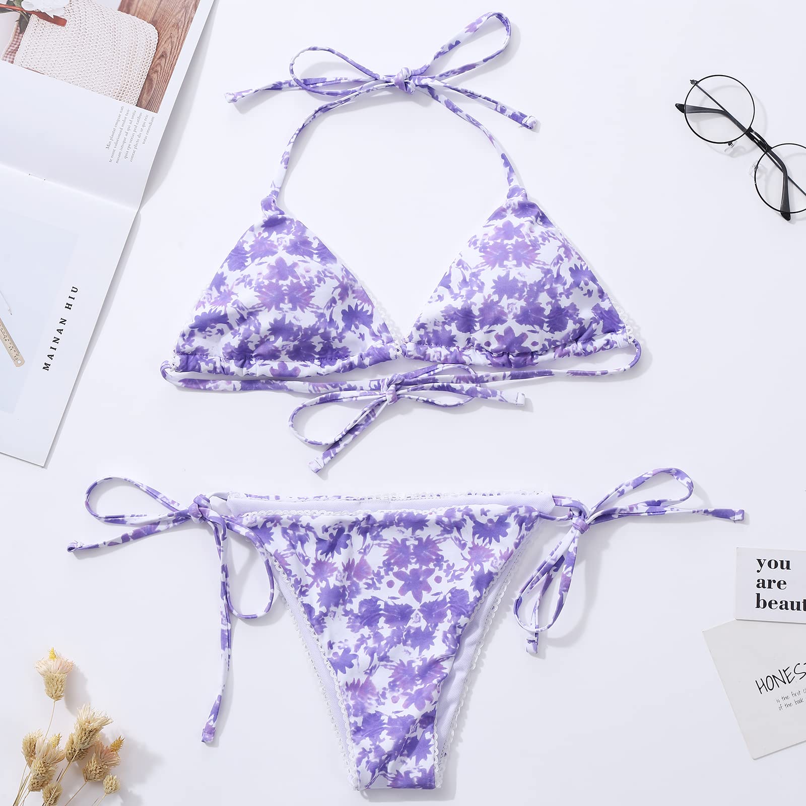 Floral Bikini Swimsuit | Two Piece Tie Side Triangle Thong | Padded Top Bathing Suit - MDCURVE