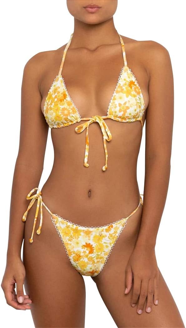 Floral Bikini Swimsuit | Two Piece Tie Side Triangle Thong | Padded Top Bathing Suit - MDCURVE