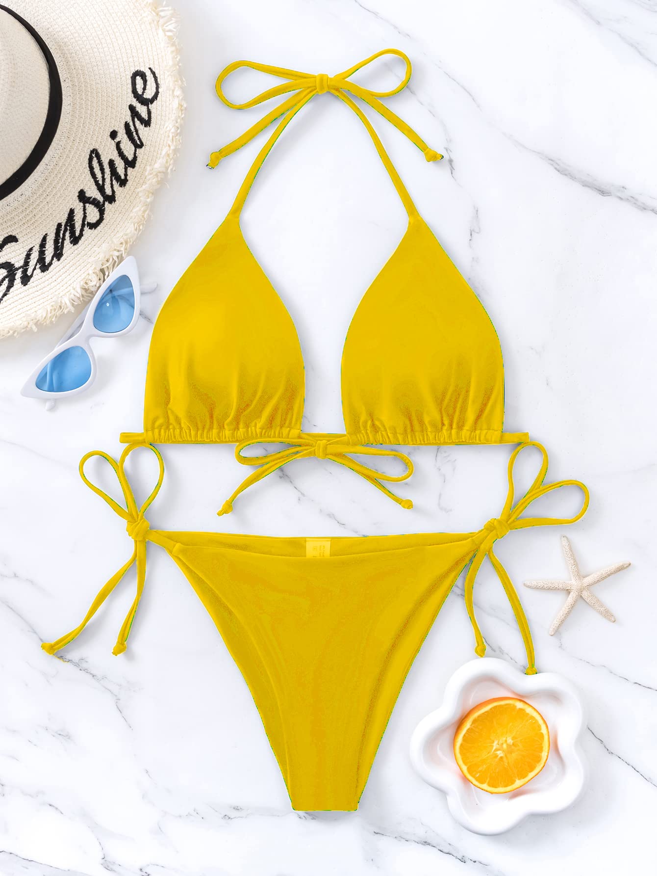 Floral Bikini Swimsuit | Two Piece Tie Side Triangle Thong | Padded Top Bathing Suit - MDCURVE