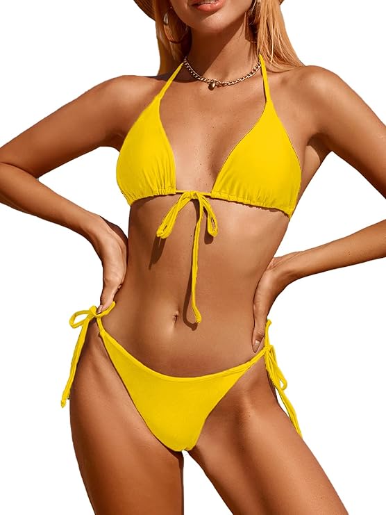 Floral Bikini Swimsuit | Two Piece Tie Side Triangle Thong | Padded Top Bathing Suit - MDCURVE