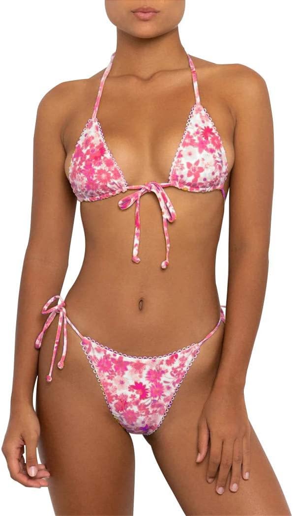 Floral Bikini Swimsuit | Two Piece Tie Side Triangle Thong | Padded Top Bathing Suit - MDCURVE