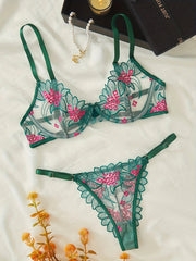 Floral Embroidery Lingerie Set | Sexy Green Mesh 2 - Piece for Women - MDCURVE