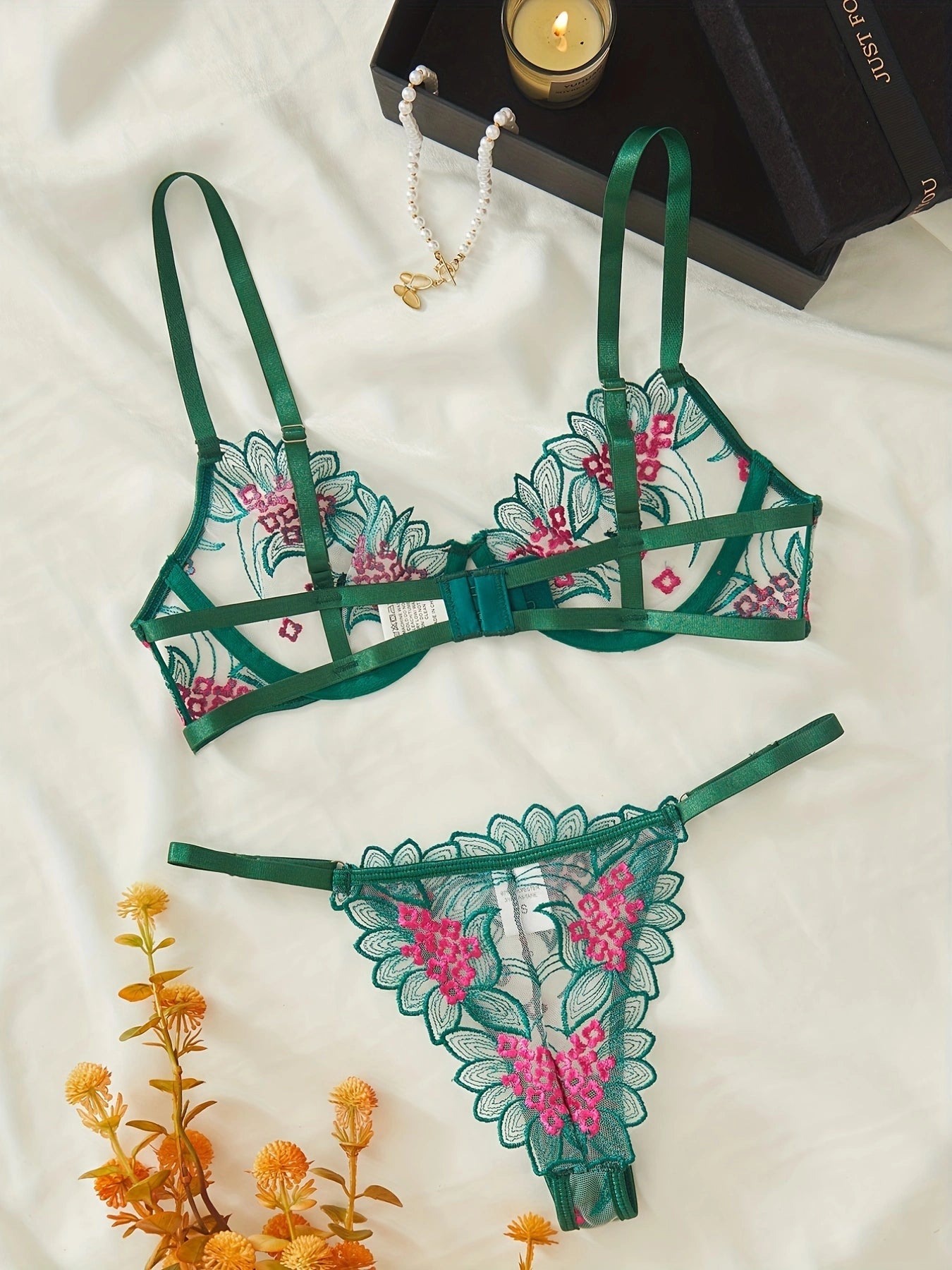 Floral Embroidery Lingerie Set | Sexy Green Mesh 2 - Piece for Women - MDCURVE