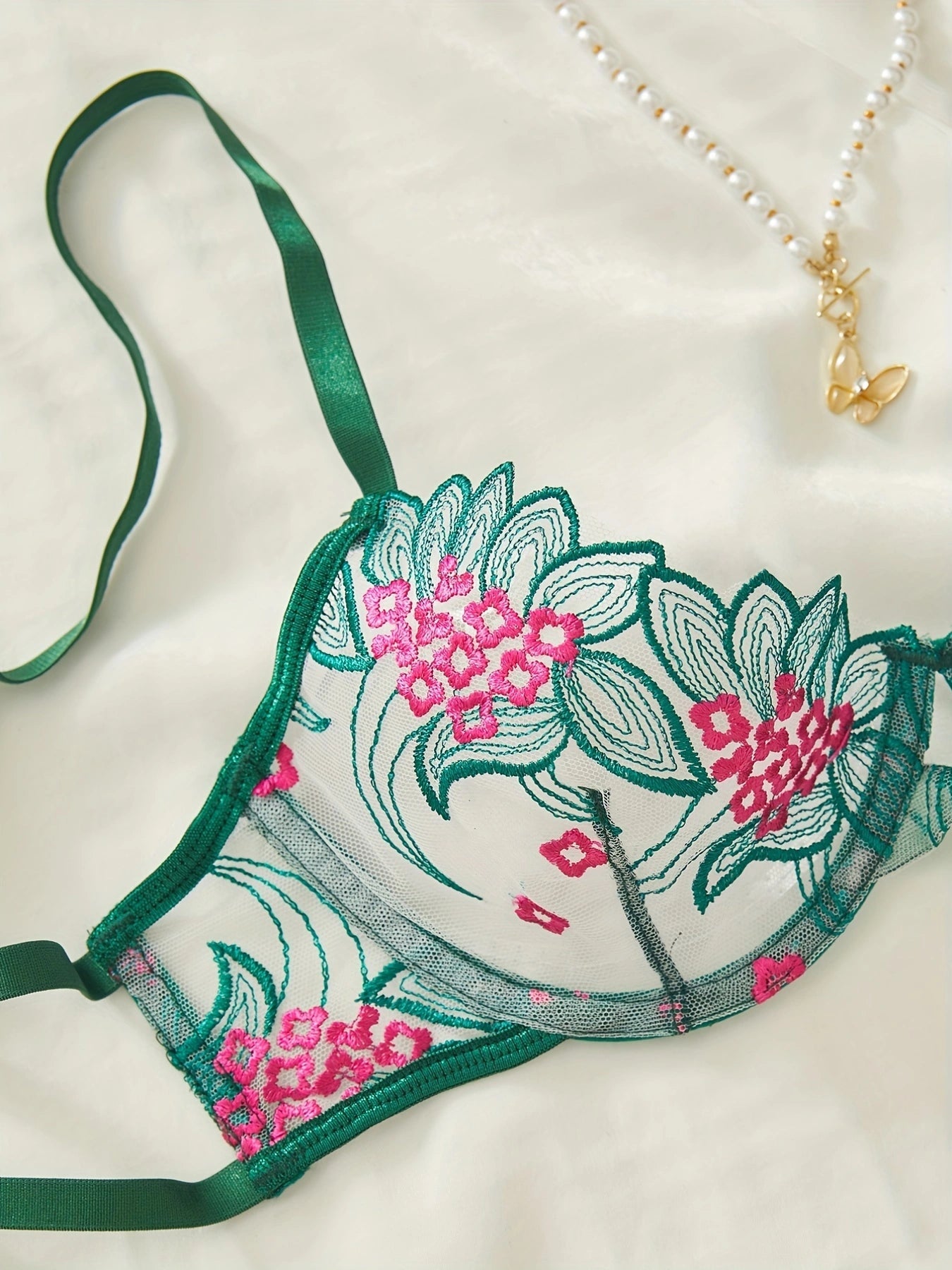 Floral Embroidery Lingerie Set | Sexy Green Mesh 2 - Piece for Women - MDCURVE