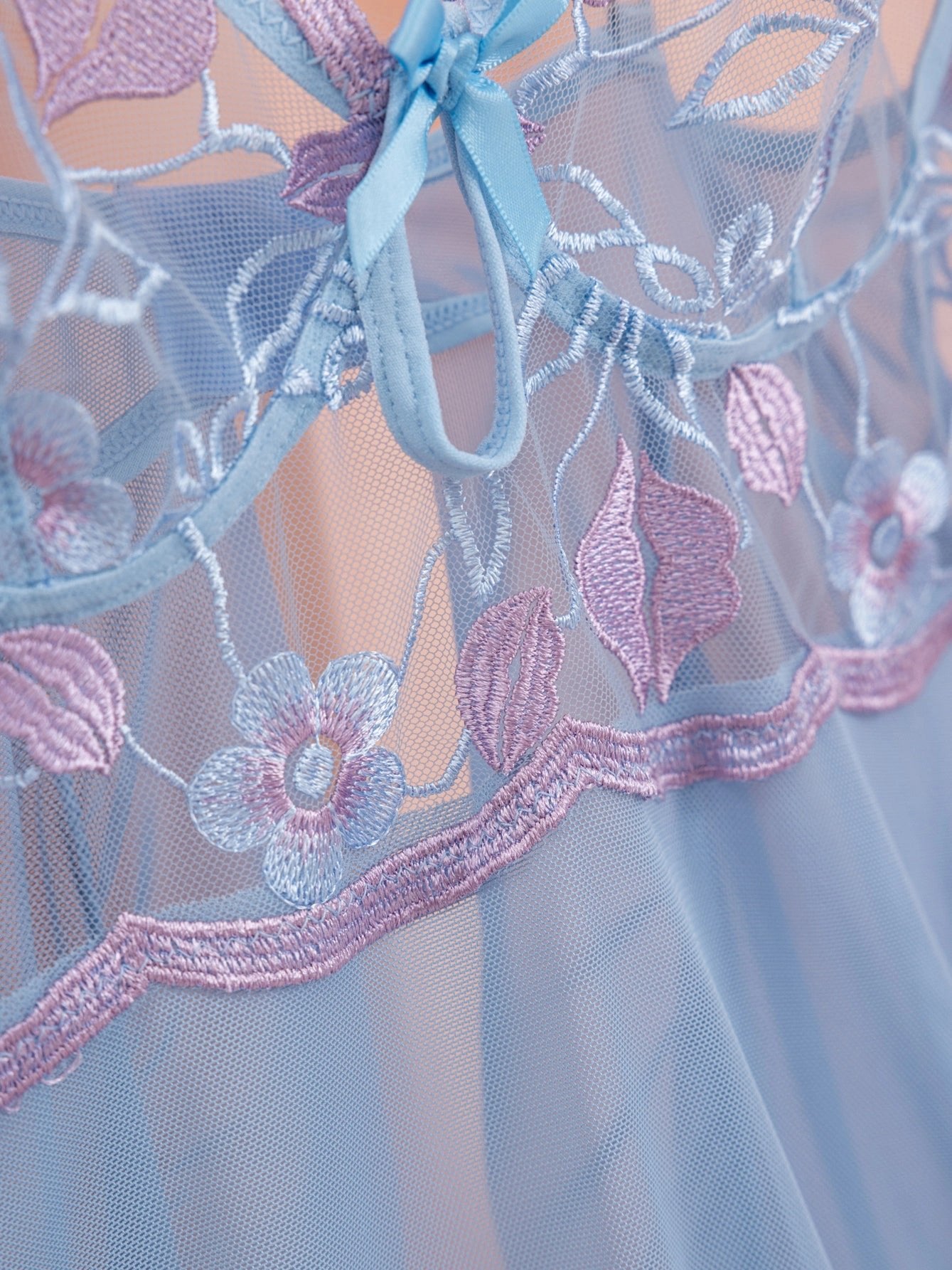 Floral Embroidery Mesh Night Dress with Deep V Split - MDCURVE