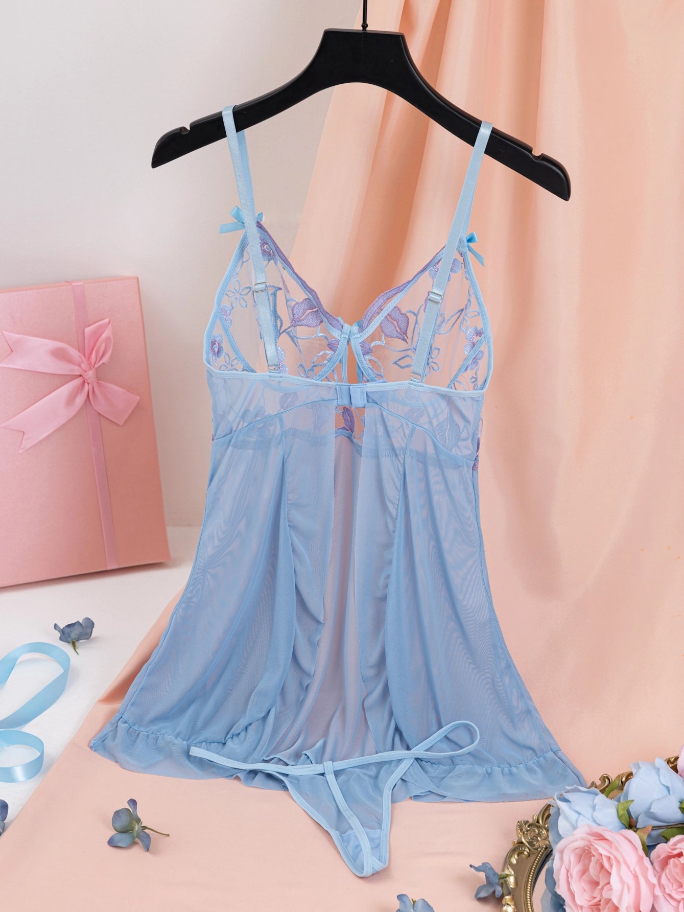 Floral Embroidery Mesh Night Dress with Deep V Split - MDCURVE