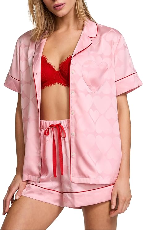 Satin Pajama Set, Short Sleeve Button Down & Shorts, Pajamas for Women - MDCURVE