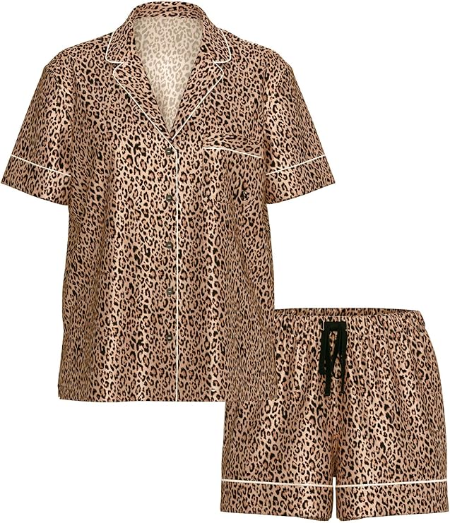 Satin Pajama Set, Short Sleeve Button Down & Shorts, Pajamas for Women - MDCURVE