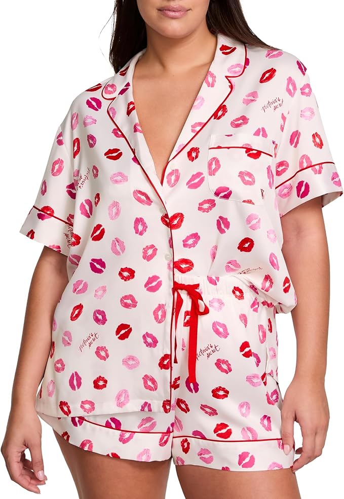 Satin Pajama Set, Short Sleeve Button Down & Shorts, Pajamas for Women - MDCURVE