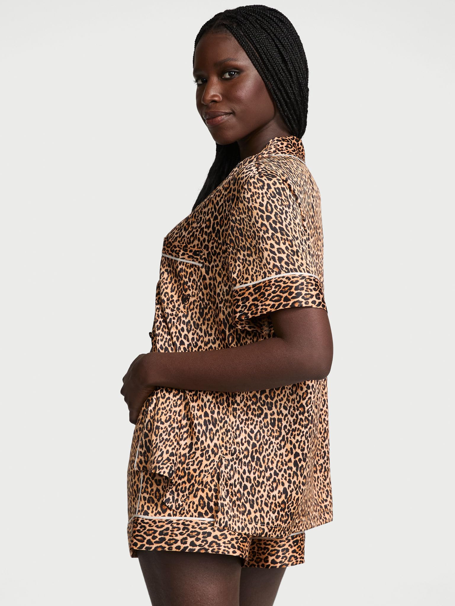 Satin Pajama Set, Short Sleeve Button Down & Shorts, Pajamas for Women - MDCURVE