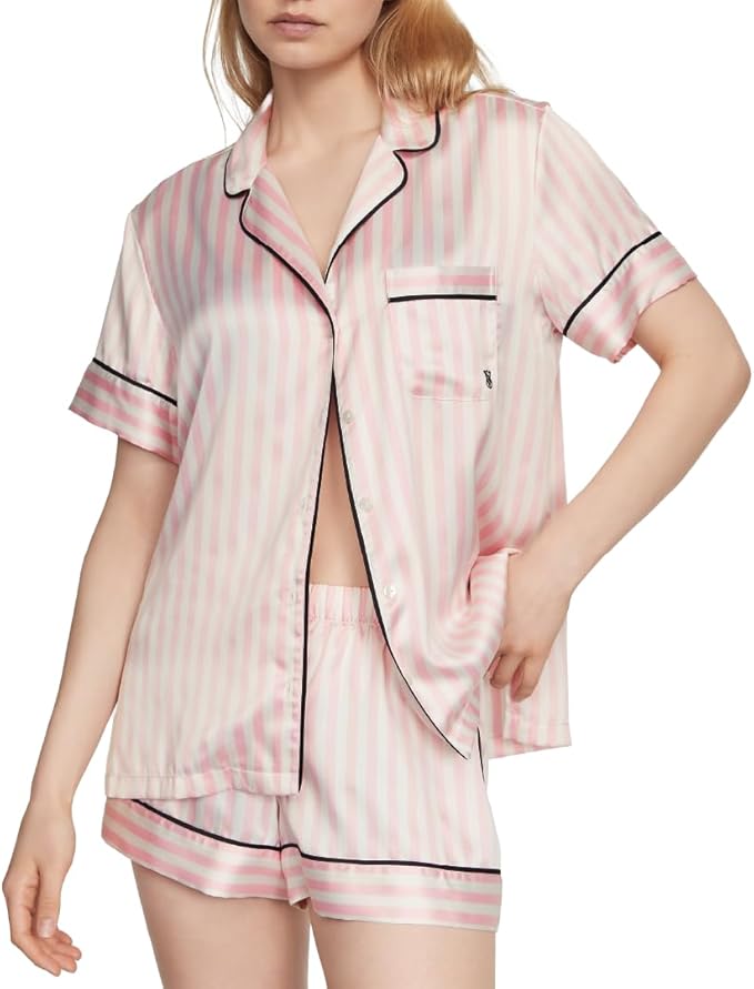 Satin Pajama Set, Short Sleeve Button Down & Shorts, Pajamas for Women - MDCURVE