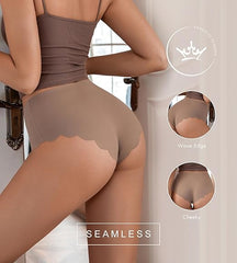 Person wearing beige无缝短裤 with product details on a neutral background