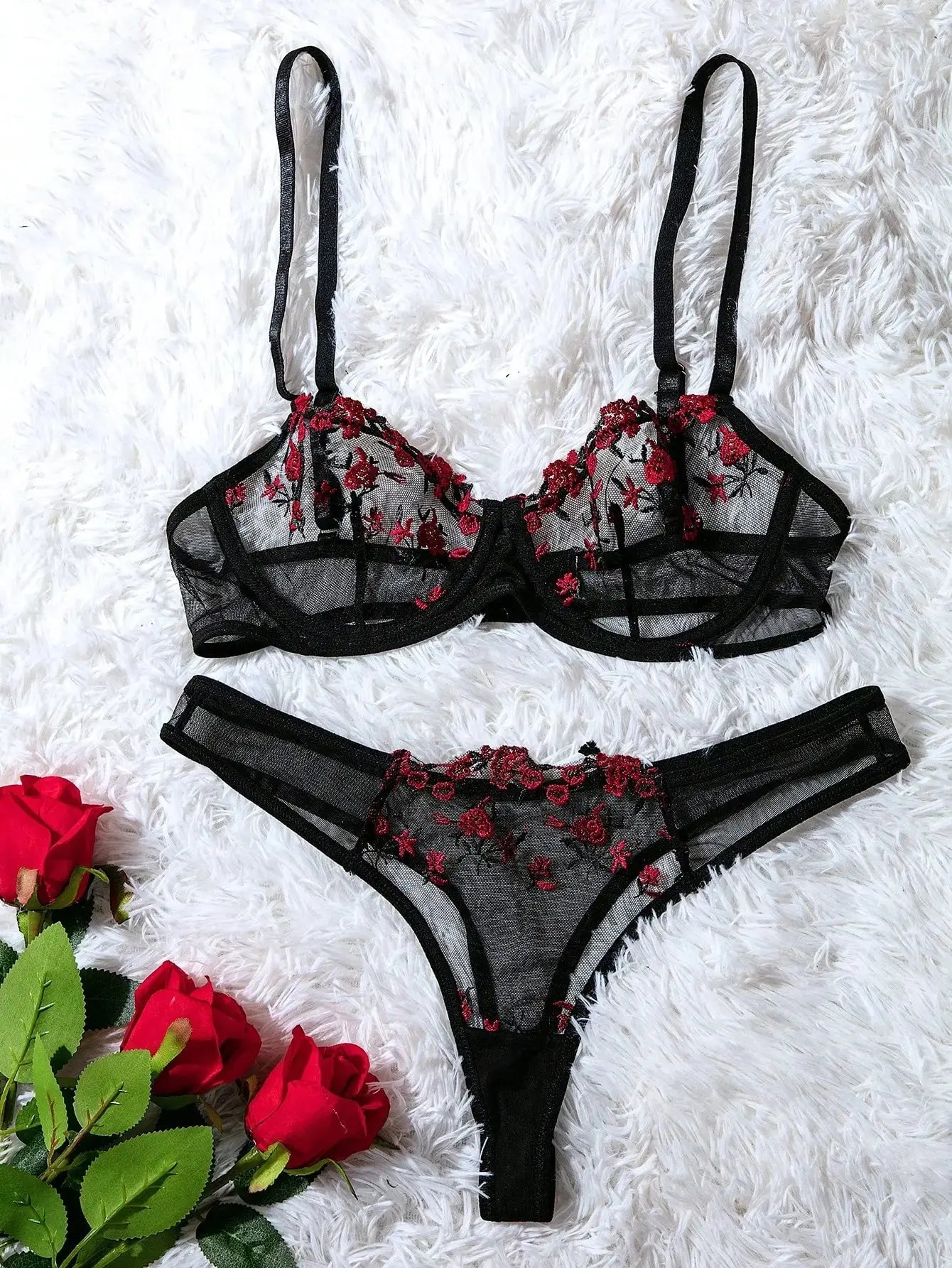 Two - Piece Embroidered Lingerie Set | Sexy Floral Lace Lingerie for Women - MDCURVE