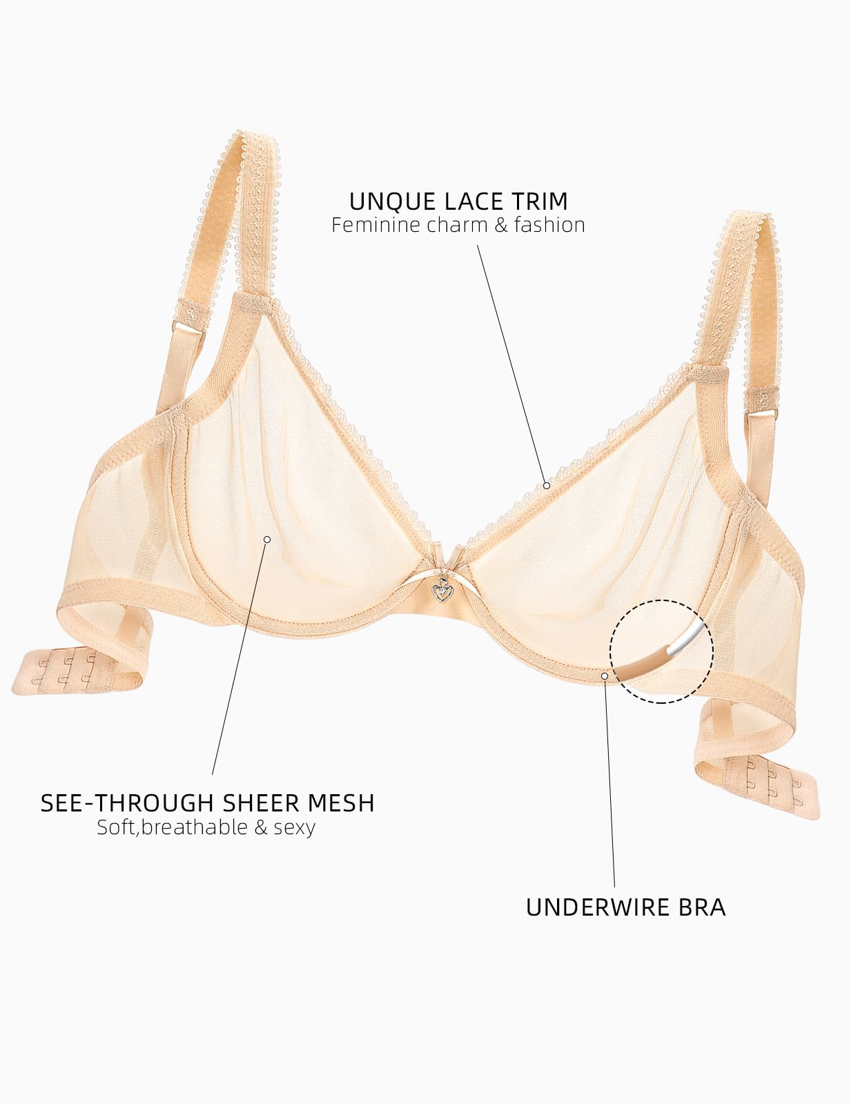 Unlined Bras for Women Sexy See Through Mesh Underwire Plunge Demi Lace Bra - MDCURVE
