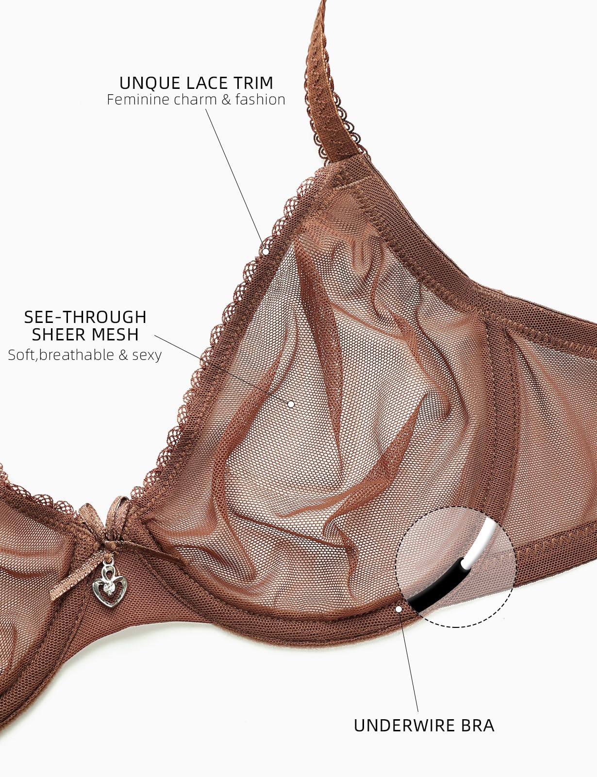 Unlined Bras for Women Sexy See Through Mesh Underwire Plunge Demi Lace Bra - MDCURVE