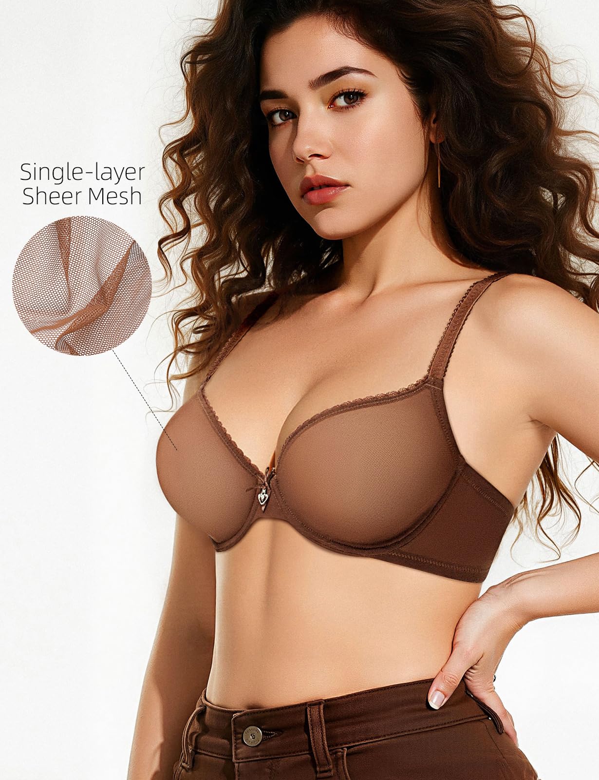 Unlined Bras for Women Sexy See Through Mesh Underwire Plunge Demi Lace Bra - MDCURVE