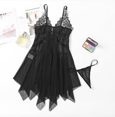 V - Neck Lace Lingerie Set with Open Front Nightie - MDCURVE