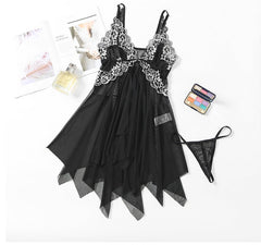 V - Neck Lace Lingerie Set with Open Front Nightie - MDCURVE