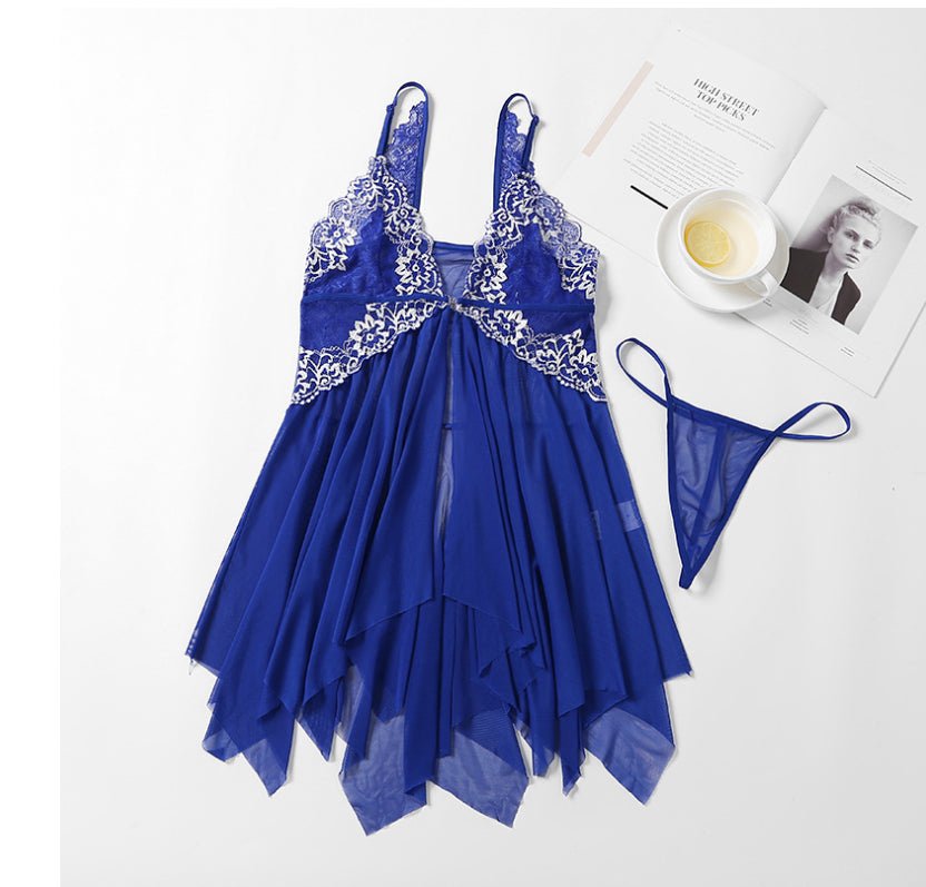 V - Neck Lace Lingerie Set with Open Front Nightie - MDCURVE