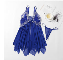 V - Neck Lace Lingerie Set with Open Front Nightie - MDCURVE