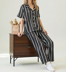 Women’s 2 Piece Silk Satin Pajama Set Short Sleeve Button Down PJs - MDCURVE