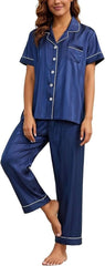 Women’s 2 Piece Silk Satin Pajama Set Short Sleeve Button Down PJs - MDCURVE